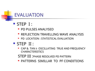 EVALUATION
 STEP I :
 PD PULSES ANALYSED

REFLECTION TRAVELLING WAVE ANALYSIS
 PD LOCATION : STATISTICAL EVALUATION
 STEP II :
 CAP & TAN  OSCILLATING TRUE AND FREQUENCY
CHARACTERISTICS
STEP III :PHASE RESOLVED PD PATTERN
 PATTERNS SIMILLAR TO PF CONDITIONS
 