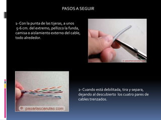 PASOS A SEGUIR


1- Con la punta de las tijeras, a unos
 5-6 cm. del extremo, pellizco la funda,
camisa o aislamiento externo del cable,
todo alrededor.




                                      2- Cuando está debilitada, tira y separa,
                                      dejando al descubierto los cuatro pares de
                                      cables trenzados.
 