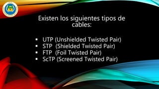 Existen los siguientes tipos de
cables:
 UTP (Unshielded Twisted Pair)
 STP (Shielded Twisted Pair)
 FTP (Foil Twisted Pair)
 ScTP (Screened Twisted Pair)
 