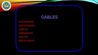 CABLES
•USO INTERIOR
•USO EXTERIOR
•AÉREOS
•SUBMARINOS
•DUCTOS
•DIELÉCTRICOS
 