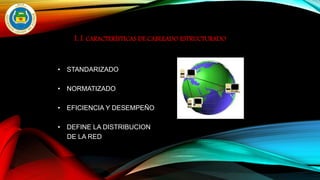 1.1 CARACTERÍSTICAS DE CABLEADO ESTRUCTURADO
• STANDARIZADO
• NORMATIZADO
• EFICIENCIA Y DESEMPEÑO
• DEFINE LA DISTRIBUCION
DE LA RED
 