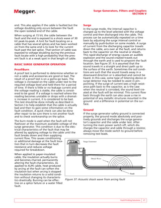 Surge Generators, Filters and Couplers
                                                                                                  SECTION V



end. This also applies if the cable is faulted but the     Surge
voltage doubling only occurs between the fault             In the surge mode, the internal capacitor is
the open isolated end of the cable.                        charged up to the level selected with the voltage
When surging at 15 kV, the cable between the               control and then discharged into the cable. This
fault and the end is exposed to a shock wave of 30         process can be automatically repeated on a time
kV peak-to-peak. A hint for fault locating on a            basis by adjusting the surge interval control or
cable that has several splices and has been worked         manually by push-button on some models. A surge
on from the same end is to look for the current            of current from the discharging capacitor travels
fault past the last splice. That section of cable was      down the cable, arcs over at the fault, and returns
exposed to voltage doubling during the previous            back to the capacitor on the neutral or sheath.
fault locate with a high probability that the pres-        This rapid discharge of energy causes an audible
ent fault is at a weak spot in that length of cable.       explosion and the sound created travels out
                                                           through the earth and is used to pinpoint the fault
BASIC SURGE GENERATOR OPERATION                            location. See Figure 37. It is assumed that the
                                                           sound travels in a straight and direct path up to
Proof/Burn                                                 the surface of the earth. Sometimes the soil condi-
A proof test is performed to determine whether or          tions are such that the sound travels away in a
not a cable and accessories are good or bad. The           downward direction or is absorbed and cannot be
result of a proof test is on a go/no-go basis. The         heard. In this case, some type of listening device or
voltage is increased on the cable under test to the        surge detector may be needed to assist in pin-
required voltage level and held there for a period         pointing. If the surge of current sees a high resist-
of time. If there is little or no leakage current and      ance path back to the capacitor, as is the case
the voltage reading is stable, the cable is consid-        when the neutral is corroded, the sound level cre-
ered to be good. If a voltage is reached where the         ated at the fault will be minimal. This current flow
reading becomes unstable or drops with a dramat-           back through the earth can also cause a rise in
ic increase in current, it is considered to be bad.        potential of any metallic structures mounted in the
This test should be done initially as described in         ground and a difference in potential on the sur-
Section I to help establish that the cable is actually     face.
bad and then to gain some information on the
fault condition. A quick check can also be done            Ground
after repair to be sure there is not another fault         If the surge generator safety ground is connected
and to check workmanship on the splice.                    properly, the ground mode absolutely and posi-
                                                           tively grounds and discharges the surge genera-
The burn mode is used when the fault will not              tor’s capacitor and the cable under test. After
flashover at the maximum available voltage of the          turning the main power switch off, which dis-
surge generator. This condition is due to the elec-        charges the capacitor and cable through a resistor,
trical characteristics of the fault that may be            always move the mode switch to ground before
altered by applying voltage to the cable until the         removing test leads.
fault breaks down and then supplying
current flow. This causes conditioning
or additional damage at the fault loca-                    Surge Generator
tion that in turn decreases the fault
resistance and reduces voltage
required for breakdown.
When applied to paper-insulated
cable, the insulation actually burns                               Shock Wave
and becomes charred, permanently
altering the fault characteristics. As
applied to XLPE cable, heat produced
by arcing at the fault can soften the
insulation but when arcing is stopped
the insulation returns to a solid condi-                                                             Fault
tion without changing its characteris-
tics drastically. Burning can be effec-      Figure 37: Acoustic shock wave from arcing fault
tive on a splice failure or a water filled
fault.




                                                                                          Fault Finding Solutions   21
 