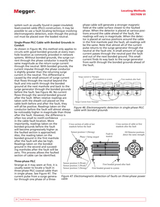 Locating Methods
                                                                                                                     SECTION VI



system such as usually found in paper-insulated,                      phase cable will generate a stronger magnetic
lead-covered cable (PILC) construction, it may be                     field at the cable surface closest to the faulted
possible to use a fault locating technique involving                  phase. When the detector is placed at various posi-
electromagnetic detectors, even though the pickup                     tions around the cable ahead of the fault, the
coil must be placed over the leaded neutral.                          readings will vary in magnitude. When the detec-
                                                                      tor is placed at various positions around the cable
Single-Phase PILC Cable with Bonded Grounds in                        in the first manhole past the fault, all readings will
Conduit                                                               be the same. Note that almost all of the current
As shown in Figure 46, this method only applies to                    pulse returns to the surge generator through the
circuits with good bonded grounds at every man-                       neutral at the fault site. A small amount of surge
hole location as commonly provided in network                         current passes through the neutral past the fault
systems. Without bonded grounds, the surge cur-                       and out of the next bonded ground. This small
rent through the phase conductor is exactly the                       current finds its way back to the surge generator
same magnitude as the return surge current                            from earth through the bonded grounds ahead of
through the neutral. With bonded grounds, the                         the fault.
current impulse through the phase conductor
is slightly greater than the returning surge
current in the neutral. This differential is
                                                       Surge current to Thumper
caused by the small amount of surge current                              First manhole in system        First manhole after fault
that flows through the neutral beyond the
fault and into earth through the bonded
                                                                                                  Fault
ground at the next manhole and back to the
surge generator through the bonded grounds
before the fault. See Figure 46. No current
flows through the second bonded ground
after the fault. When relative readings are
taken with the sheath coil placed on the            Surge Current from Thumper
cable both before and after the fault, they
will all be positive. Readings taken on the       Figure 46: Electromagnetic detection in single-phase PILC
conductor before the fault will almost always cable with bonded grounds
be noticeably higher in magnitude than those
after the fault. However, the difference is
often too small to instill confidence
in the cable fault location. More
importantly, readings taken on the           Cross section of cable at last                       Cross section of cable at first
bonded grounds before the fault              manhole before the fault                             manhole after the fault
will become progressively higher as
the faulted section is approached.             Sensor position 1 (Strong)                                    All Detector positions
                                                                                         Fault to         detect the same strength
Also, the reading taken on the                                                           neutral
                                                         Phase 1 being surged
bonded ground in the first manhole
after the fault will also be high.
Readings taken on the bonded
ground in the second and succeed-
ing manholes after the fault will be
zero. This process allows the faulted
section of cable can be identified.

Three-phase PILC
                                                 Sensor position 4 (Weak)
Strange as it may seem at first, it is                                                   First bonded ground after fault
                                                 Sensor position 3 (Weak)
usually easier to locate a fault in              Sensor position 2 (Strong)   First bonded ground in system
three-phase PILC coaxial cable than
in single phase. See Figure 47. The
current pulse from a surge genera-             Figure 47: Electromagnetic detection of faults on three-phase power
tor through one phase of a three-              cable




 26   Fault Finding Solutions
 