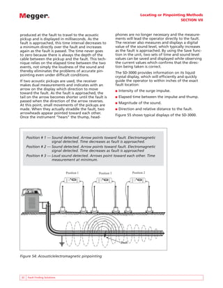 Locating or Pinpointing Methods
                                                                                                                                                                                                   SECTION VII



produced at the fault to travel to the acoustic                                                                                   phones are no longer necessary and the measure-
pickup and is displayed in milliseconds. As the                                                                                   ments will lead the operator directly to the fault.
fault is approached, this time interval decreases to                                                                              The receiver also measures and displays a digital
a minimum directly over the fault and increases                                                                                   value of the sound level, which typically increases
again as the fault is passed. The time never goes                                                                                 as the fault is approached. By using the Save func-
to zero because there is always the depth of the                                                                                  tion in the unit, two sets of time and sound level
cable between the pickup and the fault. This tech-                                                                                values can be saved and displayed while observing
nique relies on the elapsed time between the two                                                                                  the current values which confirms that the direc-
events, not simply the loudness of the sound and                                                                                  tion being taken is correct.
thereby eliminates the problems of accurate pin-                                                                                  The SD-3000 provides information on its liquid
pointing even under difficult conditions.                                                                                         crystal display, which will efficiently and quickly
If two acoustic pickups are used, the receiver                                                                                    guide the operator to within inches of the exact
makes dual measurements and indicates with an                                                                                     fault location:
arrow on the display which direction to move                                                                                      ■   Intensity of the surge impulse.
toward the fault. As the fault is approached, the
tail on the arrow becomes shorter until the fault is                                                                              ■   Elapsed time between the impulse and thump.
passed when the direction of the arrow reverses.
                                                                                                                                  ■   Magnitude of the sound.
At this point, small movements of the pickups are
made. When they actually straddle the fault, two                                                                                  ■   Direction and relative distance to the fault.
arrowheads appear pointed toward each other.
                                                                                                                                  Figure 55 shows typical displays of the SD-3000.
Once the instrument “hears” the thump, head-




     Position # 1 — Sound detected. Arrow points toward fault. Electromagnetic
                    signal detected. Time decreases as fault is approached.
     Position # 2 — Sound detected. Arrow points toward fault. Electromagnetic
                    signal detected. Time decreases as fault is approached
     Position # 3 — Loud sound detected. Arrows point toward each other. Time
                    measurement at minimum.


                                 Position 1                                            Position 3                                                     Position 2
                               MAG    VOLUME
                                                                       ON/OFF   MAG     VOLUME                                                 MAG     VOLUME
                               SET             TIME                                                                      ON/OFF                                                         ON/OFF
                                                                                SET              TIME                                          SET              TIME
                                               AMPL
                                                                                                 AMPL                                                           AMPL
                               FREQ                                    SAVE
                                                                                FREQ                                     SAVE                  FREQ                                     SAVE


                               LEFT                   SD-3000          RIGHT
                                                                                LEFT                    SD-3000          RIGHT                 LEFT                    SD-3000          RIGHT
                               MUTE                                    MUTE
                                       TM




                                                      SURGE DETECTOR            MUTE
                                                                                         TM




                                                                                                                         MUTE                  MUTE
                                                                                                                                                        TM




                                                                                                                                                                                        MUTE
                                                                                                        SURGE DETECTOR                                                 SURGE DETECTOR




                                                                                                                                       Fault



Figure 54: Acoustic/electromagnetic pinpointing




32   Fault Finding Solutions
 