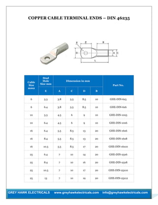 GREY HAWK ELECTRICALS www.greyhawkelectricals.com info@greyhawkelectricals.com
COPPER CABLE TERMINAL ENDS – DIN 46235
Cable
Size
mm2
Stud
Hole
Size mm
Dimension in mm
Part No.
E A C D B
6 5.3 3.8 5.5 8.5 10 GHE-DIN-6x5
6 6.4 3.8 5.5 8.5 10 GHE-DIN-6x6
10 5.3 4.5 6 9 10 GHE-DIN-10x5
10 6.4 4.5 6 9 10 GHE-DIN-10x6
16 6.4 5.5 8.5 13 20 GHE-DIN-16x6
16 8.4 5.5 8.5 13 20 GHE-DIN-16x8
16 10.5 5.5 8.5 17 20 GHE-DIN-16x10
25 6.4 7 10 14 20 GHE-DIN-25x6
25 8.4 7 10 16 20 GHE-DIN-25x8
25 10.5 7 10 17 20 GHE-DIN-25x10
25 13 7 10 19 20 GHE-DIN-25x12
 