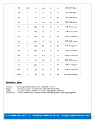 GREY HAWK ELECTRICALS www.greyhawkelectricals.com info@greyhawkelectricals.com
185 10.5 19 25.5 37 40 GHE-DIN-185x10
185 13 19 25.5 37 40 GHE-DIN-185x12
185 17 19 25.5 37 40 GHE-DIN-185x16
185 21 19 25.5 40 40 GHE-DIN-185x20
240 13 21.5 29 42 40 GHE-DIN-240x12
240 17 21.5 29 42 40 GHE-DIN-240x16
240 21 21.5 29 45 40 GHE-DIN-240x20
300 17 24.5 32 48 50 GHE-DIN-300x16
300 21 24.5 32 48 50 GHE-DIN-300x20
400 17 27.5 38.5 55 70 GHE-DIN-400x16
400 21 27.5 38.5 55 70 GHE-DIN-400x20
500 21 31 42 60 70 GHE-DIN-500x20
625 21 34.5 44 60 80 GHE-DIN-625x20
800 21 40 52 75 100 GHE-DIN-800x20
1000 21 44 58 85 100 GHE-DIN-1000x20
Technical Data
Material: Cable Lugs Manufactured from Electrolytic Copper
Range: Cable Range from 6 to 1000 mm2 with different stud hole
Finish: Lead Free Electro Tin Plated to prevent atmospheric corrosion
Application: Used for termination of copper conductors to equipments & switch gear panels.
 