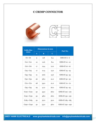 GREY HAWK ELECTRICALS www.greyhawkelectricals.com info@greyhawkelectricals.com
C CRIMP CONNECTOR
Cable Size
mm2
Dimensions in mm
Part No.
A B C
C6 - C6 9 9.8 6.4 GHE-CC 6 - 6
C10 - C10 12 12.6 8.4 GHE-CC 10 - 10
C16 - C16 17 19.4 12.0 GHE-CC 16 - 16
C25 - C25 17 21.4 13.0 GHE-CC 25 - 25
C35 - C35 21 26.6 15.6 GHE-CC 35 - 35
C50 - C50 26 38.0 21.0 GHE-CC 50 - 50
C70 - C70 28 34.0 21.0 GHE-CC 70 - 70
C95 - C95 29 41.0 26.0 GHE-CC 95 - 95
C120 - C120 30 45.0 28.0 GHE-CC 120 - 120
C150 - C150 30 48.0 28.0 GHE-CC 150 - 150
C185 - C185 32 52.0 32.0 GHE-CC 185 - 185
C240 - C240 32 55.0 38.0 GHE-CC 240 - 240
 