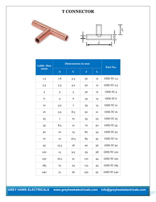 GREY HAWK ELECTRICALS www.greyhawkelectricals.com info@greyhawkelectricals.com
T CONNECTOR
Cable Size
mm2
Dimensions in mm
Part No.
A C J L
1.5 1.8 3.3 30 12 GHE-TC 1.5
2.5 2.3 4.2 30 12 GHE-TC 2.5
4 3 5 30 12 GHE-TC 4
6 4 6 35 14 GHE-TC 6
10 4.5 7 35 14 GHE-TC 10
16 5.5 8.5 50 21 GHE-TC 16
25 7 10 55 23 GHE-TC 25
35 8.5 12 70 30 GHE-TC 35
50 10 14 80 34 GHE-TC 50
70 12 16.5 85 35 GHE-TC 70
95 13.5 18 90 36 GHE-TC 90
120 15 9.5 95 38 GHE-TC 120
150 16.5 21 110 44 GHE-TC 150
185 19 24 115 45 GHE-TC 185
240 21 26 130 52 GHE-TC 240
 