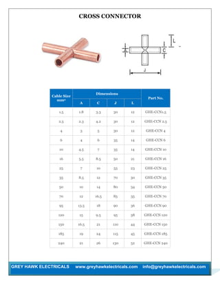 GREY HAWK ELECTRICALS www.greyhawkelectricals.com info@greyhawkelectricals.com
CROSS CONNECTOR
Cable Size
mm2
Dimensions
Part No.
A C J L
1.5 1.8 3.3 30 12 GHE-CCN1.5
2.5 2.3 4.2 30 12 GHE-CCN 2.5
4 3 5 30 12 GHE-CCN 4
6 4 6 35 14 GHE-CCN 6
10 4.5 7 35 14 GHE-CCN 10
16 5.5 8.5 50 21 GHE-CCN 16
25 7 10 55 23 GHE-CCN 25
35 8.5 12 70 30 GHE-CCN 35
50 10 14 80 34 GHE-CCN 50
70 12 16.5 85 35 GHE-CCN 70
95 13.5 18 90 36 GHE-CCN 90
120 15 9.5 95 38 GHE-CCN 120
150 16.5 21 110 44 GHE-CCN 150
185 19 24 115 45 GHE-CCN 185
240 21 26 130 52 GHE-CCN 240
 