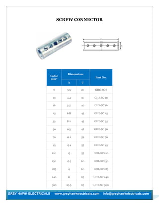 GREY HAWK ELECTRICALS www.greyhawkelectricals.com info@greyhawkelectricals.com
SCREW CONNECTOR
Cable
mm²
Dimensions
Part No.
A J
6 3.5 20 GHE-SC 6
10 4.4 30 GHE-SC 10
16 5.5 40 GHE-SC 16
25 6.8 45 GHE-SC 25
35 8.2 45 GHE-SC 35
50 9.5 48 GHE-SC 50
70 11.2 52 GHE-SC 70
95 13.4 55 GHE-SC 95
120 15 55 GHE-SC 120
150 16.5 60 GHE-SC 150
185 19 60 GHE-SC 185
240 21 65 GHE-SC 240
300 23.5 65 GHE-SC 300
 