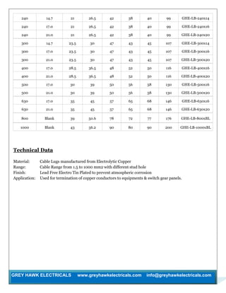GREY HAWK ELECTRICALS www.greyhawkelectricals.com info@greyhawkelectricals.com
240 14.7 21 26.5 42 38 40 99 GHE-LB-240x14
240 17.0 21 26.5 42 38 40 99 GHE-LB-240x16
240 21.0 21 26.5 42 38 40 99 GHE-LB-240x20
300 14.7 23.5 30 47 43 45 107 GHE-LB-300x14
300 17.0 23.5 30 47 43 45 107 GHE-LB-300x16
300 21.0 23.5 30 47 43 45 107 GHE-LB-300x20
400 17.0 28.5 36.5 48 52 50 116 GHE-LB-400x16
400 21.0 28.5 36.5 48 52 50 116 GHE-LB-400x20
500 17.0 30 39 50 56 58 130 GHE-LB-500x16
500 21.0 30 39 50 56 58 130 GHE-LB-500x20
630 17.0 35 45 57 65 68 146 GHE-LB-630x16
630 21.0 35 45 57 65 68 146 GHE-LB-630x20
800 Blank 39 50.6 78 72 77 176 GHE-LB-800xBL
1000 Blank 43 56.2 90 80 90 200 GHE-LB-1000xBL
Technical Data
Material: Cable Lugs manufactured from Electrolytic Copper
Range: Cable Range from 1.5 to 1000 mm2 with different stud hole
Finish: Lead Free Electro Tin Plated to prevent atmospheric corrosion
Application: Used for termination of copper conductors to equipments & switch gear panels.
 