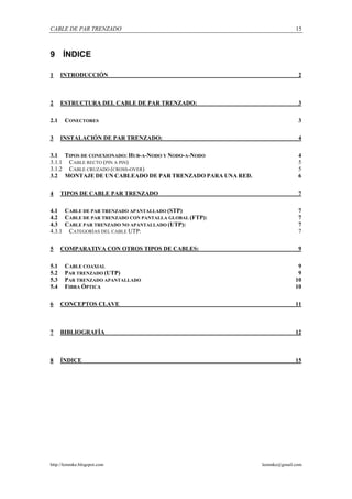 CABLE DE PAR TRENZADO                                                   15



9 ÍNDICE

1     INTRODUCCIÓN                                                       2



2     ESTRUCTURA DEL CABLE DE PAR TRENZADO:                              3

2.1    CONECTORES                                                        3

3     INSTALACIÓN DE PAR TRENZADO:                                       4

3.1 TIPOS DE CONEXIONADO: HUB-A-NODO Y NODO-A-NODO                       4
3.1.1 CABLE RECTO (PIN A PIN)                                            5
3.1.2 CABLE CRUZADO (CROSS-OVER)                                         5
3.2 MONTAJE DE UN CABLEADO DE PAR TRENZADO PARA UNA RED.                 6

4     TIPOS DE CABLE PAR TRENZADO                                        7

4.1 CABLE DE PAR TRENZADO APANTALLADO (STP)                              7
4.2 CABLE DE PAR TRENZADO CON PANTALLA GLOBAL (FTP):                     7
4.3 CABLE PAR TRENZADO NO APANTALLADO (UTP):                             7
4.3.1 CATEGORÍAS DEL CABLE UTP:                                          7

5     COMPARATIVA CON OTROS TIPOS DE CABLES:                             9

5.1    CABLE COAXIAL                                                     9
5.2    PAR TRENZADO (UTP)                                                9
5.3    PAR TRENZADO APANTALLADO                                         10
5.4    FIBRA ÓPTICA                                                     10

6     CONCEPTOS CLAVE                                                   11



7     BIBLIOGRAFÍA                                                      12



8     ÍNDICE                                                            15




http://lemmke.blogspot.com                                 lemmke@gmail.com
 