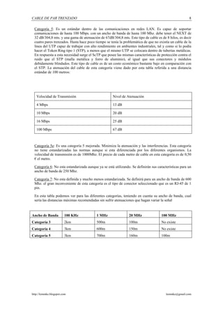 CABLE DE PAR TRENZADO                                                                                   8

 Categoría 5: Es un estándar dentro de las comunicaciones en redes LAN. Es capaz de soportar
 comunicaciones de hasta 100 Mbps. con un ancho de banda de hasta 100 Mhz. debe tener el NEXT de
 32 dB/304,8 mts. y una gama de atenuación de 67dB/304,8 mts. Este tipo de cable es de 8 hilos, es decir
 cuatro pares trenzados. Hasta hace poco tiempo se tenía la problemática de que no existía un cable de la
 línea del UTP capaz de trabajar con alto rendimiento en ambientes industriales, tal y como si lo podía
 hacer el Token Ring tipo 1 (STP), a menos que el mismo UTP se colocara dentro de tuberías metálicas.
 En respuesta a esta necesidad surge el ScTP que posee las mismas características de protección contra el
 ruido que el STP (malla metálica y forro de aluminio), al igual que sus conectores y módulos
 debidamente blindados. Este tipo de cable es de un costo económico bastante bajo en comparación con
 el STP. La atenuación del cable de esta categoría viene dado por esta tabla referida a una distancia
 estándar de 100 metros:




   Velocidad de Transmisión                          Nivel de Atenuación

   4 Mbps                                            13 dB

   10 Mbps                                           20 dB

   16 Mbps                                           25 dB

   100 Mbps                                          67 dB



 Categoría 5e: Es una categoría 5 mejorada. Minimiza la atenuación y las interferencias. Esta categoría
 no tiene estandarizadas las normas aunque si esta diferenciada por los diferentes organismos. La
 velocidad de transmisión es de 1000Mhz. El precio de cada metro de cable en esta categoría es de 0,50
 € el metro.

 Categoría 6: No esta estandarizada aunque ya se está utilizando. Se definirán sus características para un
 ancho de banda de 250 Mhz.

 Categoría 7: No esta definida y mucho menos estandarizada. Se definirá para un ancho de banda de 600
 Mhz. el gran inconveniente de esta categoría es el tipo de conector seleccionado que es un RJ-45 de 1
 pin.

 En esta tabla podemos ver para las diferentes categorías, teniendo en cuenta su ancho de banda, cual
 sería las distancias máximas recomendadas sin sufrir atenuaciones que hagan variar la señal



Ancho de Banda          100 KHz           1 MHz                 20 MHz                100 MHz
Categoría 3             2km               500m                  100m                  No existe
Categoría 4             3km               600m                  150m                  No existe
Categoría 5             3km               700m                  160m                  100m




http://lemmke.blogspot.com                                                               lemmke@gmail.com
 