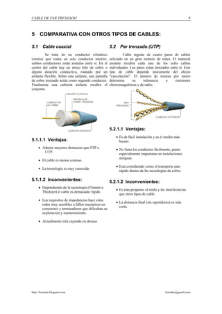 CABLE DE PAR TRENZADO                                                                                          9



5 COMPARATIVA CON OTROS TIPOS DE CABLES:

5.1     Cable coaxial                                  5.2     Par trenzado (UTP)
         Se trata de un conductor cilíndrico                    Cable regular de cuatro pares de cables
exterior que rodea un solo conductor interior,         utilizado en un gran número de redes. El material
ambos conductores están aislados entre sí. En el       aislante recubre cada uno de los ocho cables
centro del cable hay un único hilo de cobre o          individuales. Los pares están trenzados entre sí. Este
alguna aleación conductiva, rodeado por un             tipo de cable depende únicamente del efecto
aislante flexible. Sobre este aislante, una pantalla   "cancelación". El número de trenzas por metro
de cobre trenzado actúa como segundo conductor.        determina      su     tolerancia     a     emisiones
Finalmente una cubierta aislante recubre el            electromagnéticas y de radio.
conjunto.




                                                       5.2.1.1 Ventajas:
                                                             • Es de fácil instalación y es el medio más
5.1.1.1 Ventajas:                                              barato.
      • Admite mayores distancias que STP o                  • No llena los conductos fácilmente, punto
         UTP.                                                  especialmente importante en instalaciones
                                                               antiguas.
      • El cable es menos costoso.
                                                             • Esta considerado como el transporte más
      • La tecnología es muy conocida.
                                                               rápido dentro de las tecnologías de cobre.

5.1.1.2 Inconvenientes:                                5.2.1.2 Inconvenientes:
      • Dependiendo de la tecnología (Thinnet o
                                                             • Es más propenso al ruido y las interferencias
        Thicknet) el cable es demasiado rígido.
                                                               que otros tipos de cable.
      • Los requisitos de impedancias hace estas
                                                             • La distancia final (sin repetidores) es más
        redes muy sensibles a fallos mecánicos en
                                                               corta.
        conectores y terminadores que dificultan su
        explotación y mantenimiento.

      • Actualmente está cayendo en desuso.




http://lemmke.blogspot.com                                                                    lemmke@gmail.com
 