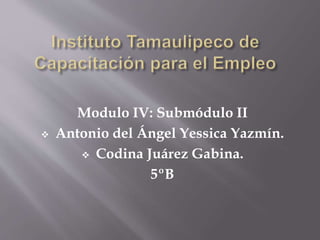 Modulo IV: Submódulo II
 Antonio del Ángel Yessica Yazmín.
 Codina Juárez Gabina.
5ºB
 
