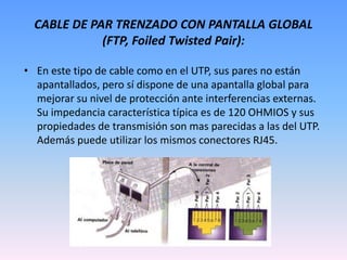 CABLE DE PAR TRENZADO CON PANTALLA GLOBAL (FTP, Foiled Twisted Pair):En este tipo de cable como en el UTP, sus pares no están apantallados, pero sí dispone de una apantalla global para mejorar su nivel de protección ante interferencias externas. Su impedancia característica típica es de 120 OHMIOS y sus propiedades de transmisión son mas parecidas a las del UTP. Además puede utilizar los mismos conectores RJ45.