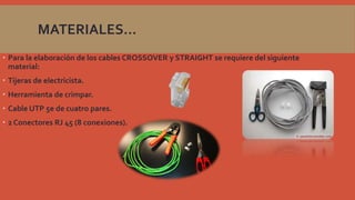 MATERIALES…
 Para la elaboración de los cables CROSSOVER y STRAIGHT se requiere del siguiente
material:
 Tijeras de electricista.
 Herramienta de crimpar.
 Cable UTP 5e de cuatro pares.
 2 Conectores RJ 45 (8 conexiones).

 