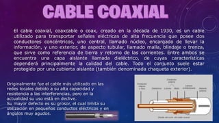 El cable coaxial, coaxcable o coax, creado en la década de 1930, es un cable
utilizado para transportar señales eléctricas de alta frecuencia que posee dos
conductores concéntricos, uno central, llamado núcleo, encargado de llevar la
información, y uno exterior, de aspecto tubular, llamado malla, blindaje o trenza,
que sirve como referencia de tierra y retorno de las corrientes. Entre ambos se
encuentra una capa aislante llamada dieléctrico, de cuyas características
dependerá principalmente la calidad del cable. Todo el conjunto suele estar
protegido por una cubierta aislante (también denominada chaqueta exterior).
Originalmente fue el cable más utilizado en las
redes locales debido a su alta capacidad y
resistencia a las interferencias, pero en la
actualidad su uso está en declive.
Su mayor defecto es su grosor, el cual limita su
utilización en pequeños conductos eléctricos y en
ángulos muy agudos.
 