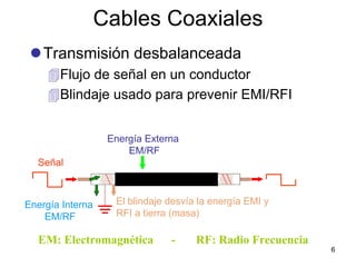 Cables Coaxiales
    Transmisión desbalanceada
       Flujo de señal en un conductor
       Blindaje usado para prevenir EMI/RFI


                   Energía Externa
                       EM/RF
  Señal



Energía Interna     El blindaje desvía la energía EMI y
    EM/RF           RFI a tierra (masa)

  EM: Electromagnética          -     RF: Radio Frecuencia
                                                             6
 
