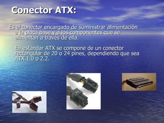 Conector ATX:   Es el conector encargado de suministrar alimentación a la placa base y a los componentes que se alimentan a través de ella.  En estándar ATX se compone de un conector rectangular de 20 o 24 pines, dependiendo que sea ATX 1.0 o 2.2.  