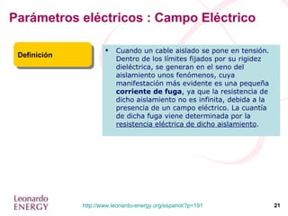 Parámetros eléctricos : Campo Eléctrico Definición Cuando un cable aislado se pone en tensión. Dentro de los límites fijados por su rigidez dieléctrica, se generan en el seno del aislamiento unos fenómenos, cuya manifestación más evidente es una pequeña  corriente de fuga , ya que la resistencia de dicho aislamiento no es infinita, debida a la presencia de un campo eléctrico. La cuantía de dicha fuga viene determinada por la  resistencia eléctrica de dicho aislamiento . 