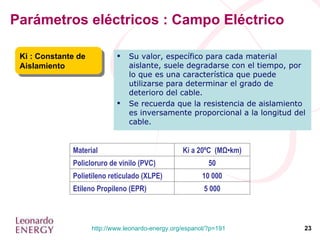 Parámetros eléctricos : Campo Eléctrico Ki : Constante de Aislamiento Su valor, específico para cada material aislante, suele degradarse con el tiempo, por lo que es una característica que puede utilizarse para determinar el grado de deterioro del cable. Se recuerda que la resistencia de aislamiento es inversamente proporcional a la longitud del cable.  5 000 Etileno Propileno (EPR) 10 000 Polietileno reticulado (XLPE) 50 Policloruro de vinilo (PVC) Ki a 20ºC  (MΩ•km) Material 