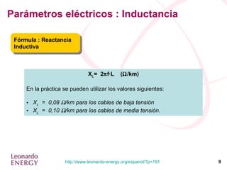 Parámetros eléctricos : Inductancia Fórmula : Reactancia Inductiva X L =  2  f·L  (  /km) En la práctica se pueden utilizar los valores siguientes: X L   =  0,08   /km para los cables de baja tensión X L   =  0,10   /km para los cables de media tensión. 