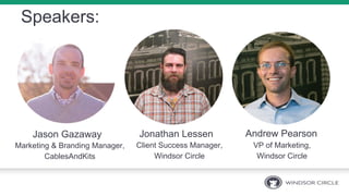 Speakers:
Jason Gazaway Jonathan Lessen Andrew Pearson
Marketing & Branding Manager,
CablesAndKits
Client Success Manager,
Windsor Circle
VP of Marketing,
Windsor Circle
 