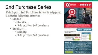 2nd Purchase Series
This 3-part 2nd Purchase Series is triggered
using the following criteria: 
•  Email 1 – 
•  Service
•  3 days after 2nd purchase
•  Email 2 – 
•  Quality
•  9 days after 2nd purchase
 