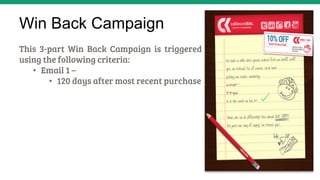 Win Back Campaign
This 3-part Win Back Campaign is triggered
using the following criteria: 
•  Email 1 – 
•  120 days after most recent purchase 

 