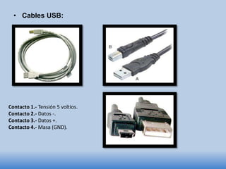 • Cables USB:
Contacto 1.- Tensión 5 voltios.
Contacto 2.- Datos -.
Contacto 3.- Datos +.
Contacto 4.- Masa (GND).
 