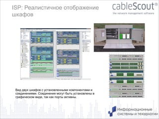 ISP: Реалистичное отображение
шкафов

Вид двух шкафов с установленными компонентами и
соединениями. Соединения могут быть установлены в
графическом виде, так как порты активны.

22

 