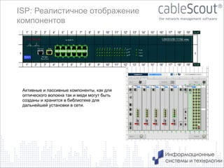 ISP: Реалистичное отображение
компонентов

Активные и пассивные компоненты, как для
оптического волокна так и меди могут быть
созданы и хранится в библиотеке для
дальнейшей установки в сети.

23

 