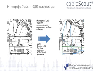 Интерфейсы: к GIS системам

Импорт из GIS:
Зданий,
канализаций,
колодцев, трубок,
кабелей

ESRI
Smallworld
Bentley
Intergraph
AED Sicad
Autodesk

!

26

 