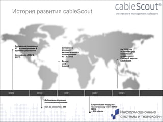 История развития cableScout

Добавлена поддержка
FTTX планирования &
администрирования

Добавлена
функция
автоматического
планирования
FTTX сетей

!

Интерфейс JDSU &
EXFO

На 2013 год
выполнен ряд
проектов по
внедрению в
России 8 версии
cableScout

!

Рынок:
UAE
Iceland

Добавлены функции
геопозиционирования

!

Кол-во клиентов 200

Европейский лидер по
техническому учету WAN/
MAN
~ 250 clients

4

 