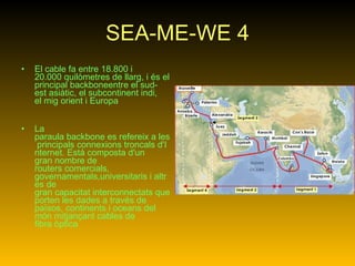 SEA-ME-WE 4 El cable fa entre 18.800 i 20.000 quilòmetres de llarg, i és el principal backboneentre el sud-est asiàtic, el subcontinent indi, el mig orient i Europa  La paraula backbone es refereix a les principals connexions troncals d'Internet. Està composta d'un gran nombre de routers comercials, governamentals,universitaris i altres de gran capacitat interconnectats que porten les dades a través de països, continents i oceans del món mitjançant cables de fibra òptica   