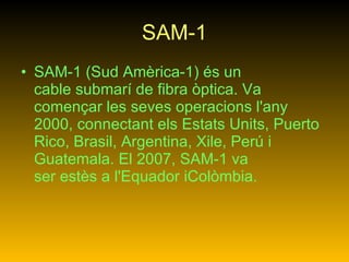 SAM-1 SAM-1 (Sud Amèrica-1) és un cable submarí de fibra òptica. Va començar les seves operacions l'any 2000, connectant els Estats Units, Puerto Rico, Brasil, Argentina, Xile, Perú i Guatemala. El 2007, SAM-1 va ser estès a l'Equador iColòmbia.   