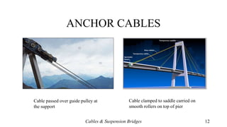 ANCHOR CABLES
Cables & Suspension Bridges 12
Cable passed over guide pulley at
the support
Cable clamped to saddle carried on
smooth rollers on top of pier
 