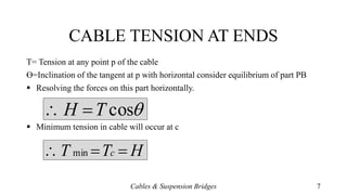 CABLE TENSION AT ENDS
Cables & Suspension Bridges 7
T= Tension at any point p of the cable
Ɵ=Inclination of the tangent at p with horizontal consider equilibrium of part PB
 Resolving the forces on this part horizontally.
 Minimum tension in cable will occur at c
cosTH 
HTT c  min
 