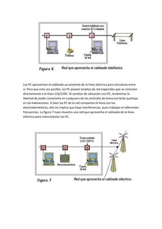 Las PC aprovechan el cableado ya existente de la línea eléctrica para vincularse entre
sí. Para que esto sea posible, las PC poseen tarjetas de red especiales que se conectan
directamente a la línea 110/220V. Al cambiar de ubicación una PC, tendremos la
libertad de poder conectarla en cualquiera de los enchufes de toma corriente quehaya
en las habitaciones. Si bien las PC de la red comparten la línea con los
electrodomésticos, ello no implica que haya interferencias, pues trabajan en diferentes
frecuecnias. La figura 7 nues muestra una red que aprovecha el cableado de la línea
eléctrica para interconectar las PC.
 
