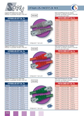 LATIGUILLOS/CHICOTES DE RED
Latiguillo UTP Flexible Cat. 5e. Color Gris.                                        Patch Cord UTP Flexivel Cat. 5e, Cinzento.
Moldeado, no apantallado. IEEE 802,3. AWG 26/7.                                     Vulcanizado, não blindado. Conforme a norma IEEE
                                                       100 MHZ                      802.3, com cabo de 26/7 AWG.

     LATIGUILLOS UTP Cat. 5e.                                                             PATCH CORD UTP Cat. 5e
 Referencia                             Largo                                        Referencia                         Comprimento

 D45498 G     UTP Cat. 5e. Gris    0,25 mts.                                         D45498 G     UTP Cat.5e Cinza     0,25 mts.
 D45499 G     UTP Cat. 5e. Gris    0,30 mts.                                         D45499 G     UTP Cat.5e Cinza     0,30 mts.
 D45500 G     UTP Cat. 5e. Gris    0,50 mts.                                         D45500 G     UTP Cat.5e Cinza     0,50 mts.
 D45501 G     UTP Cat. 5e. Gris    1,00 mts.                                         D45501 G     UTP Cat.5e Cinza     1,00 mts.
 D45502 G     UTP Cat. 5e. Gris    1,50 mts.                                         D45502 G     UTP Cat.5e Cinza     1,50 mts.
 D45503 G     UTP Cat. 5e. Gris    2,00 mts.                                         D45503 G     UTP Cat.5e Cinza     2,00 mts.
 D45504 G     UTP Cat. 5e. Gris    3,00 mts.                                         D45504 G     UTP Cat.5e Cinza     3,00 mts.
 D45505 G     UTP Cat. 5e. Gris    5,00 mts.                                         D45505 G     UTP Cat.5e Cinza     5,00 mts.
 D45517 G     UTP Cat. 5e. Gris    7,00 mts.                                         D45517 G     UTP Cat.5e Cinza     7,00 mts.
 D45506 G     UTP Cat. 5e. Gris    10,00 mts.                                        D45506 G     UTP Cat.5e Cinza     10,00 mts.
 D45507 G     UTP Cat. 5e. Gris    15,00 mts.                                        D45507 G     UTP Cat.5e Cinza     15,00 mts.
 D45508 G     UTP Cat. 5e. Gris    20,00 mts.      Configuración 1:1 (pin a pin).
                                                                                     D45508 G     UTP Cat.5e Cinza     20,00 mts.

Latiguillo UTP Flexible Cat. 5e. Color Rojo.                                        Patch Cord UTP Flexivel Cat. 5e, Vermelho.
Moldeado, no apantallado. IEEE 802,3. AWG 26/7.                                     Vulcanizado, não blindado. Conforme a norma IEEE
                                                       100 MHZ                      802.3, com cabo de 26/7 AWG.
     LATIGUILLOS UTP Cat. 5e.                                                             PATCH CORD UTP Cat. 5e
 Referencia                             Largo                                        Referencia                         Comprimento
 D45498 R     UTP Cat. 5e. Rojo    0,25 mts.                                         D45498 R     UTP Cat. 5e. Verm.   0,25 mts.
 D45499 R     UTP Cat. 5e. Rojo    0,30 mts.                                         D45499 R     UTP Cat. 5e. Verm.   0,30 mts.
 D45500 R     UTP Cat. 5e. Rojo    0,50 mts.                                         D45500 R     UTP Cat. 5e. Verm.   0,50 mts.
 D45501 R     UTP Cat. 5e. Rojo    1,00 mts.                                         D45501 R     UTP Cat. 5e. Verm.   1,00 mts.
 D45502 R     UTP Cat. 5e. Rojo    1,50 mts.                                         D45502 R     UTP Cat. 5e. Verm.   1,50 mts.
 D45503 R     UTP Cat. 5e. Rojo    2,00 mts.                                         D45503 R     UTP Cat. 5e. Verm.   2,00 mts.
 D45504 R     UTP Cat. 5e. Rojo    3,00 mts.                                         D45504 R     UTP Cat. 5e. Verm.   3,00 mts.
 D45505 R     UTP Cat. 5e. Rojo    5,00 mts.                                         D45505 R     UTP Cat. 5e. Verm.   5,00 mts.
 D45517 R     UTP Cat. 5e. Rojo    7,00 mts.                                         D45517 R     UTP Cat. 5e. Verm.   7,00 mts.
 D45506 R     UTP Cat. 5e. Rojo    10,00 mts.                                        D45506 R     UTP Cat. 5e. Verm.   10,00 mts.
 D45507 R     UTP Cat. 5e. Rojo    15,00 mts.                                        D45507 R     UTP Cat. 5e. Verm.   15,00 mts.
 D45508 R     UTP Cat. 5e. Rojo    20,00 mts.      Configuración 1:1 (pin a pin).    D45508 R     UTP Cat. 5e. Verm.   20,00 mts.

Latiguillo UTP Flexible Cat. 5e. Color Verde.                                       Patch Cord UTP Flexivel Cat. 5e, Verde.
Moldeado, no apantallado. IEEE 802,3. AWG 26/7.                                     Vulcanizado, não blindado. Conforme a norma IEEE
                                                       100 MHZ                      802.3, com cabo de 26/7 AWG.
     LATIGUILLOS UTP Cat. 5e.                                                             PATCH CORD UTP Cat. 5e.
 Referencia                             Largo                                        Referencia                         Comprimento
 D45498 V     UTP Cat. 5e. Verde   0,25 mts.                                         D45498 V     UTP Cat. 5e. Verde   0,25 mts.
 D45499 V     UTP Cat. 5e. Verde   0,30 mts.                                         D45499 V     UTP Cat. 5e. Verde   0,30 mts.
 D45500 V     UTP Cat. 5e. Verde   0,50 mts.                                         D45500 V     UTP Cat. 5e. Verde   0,50 mts.
 D45501 V     UTP Cat. 5e. Verde   1,00 mts.                                         D45501 V     UTP Cat. 5e. Verde   1,00 mts.
 D45502 V     UTP Cat. 5e. Verde   1,50 mts.                                         D45502 V     UTP Cat. 5e. Verde   1,50 mts.
 D45503 V     UTP Cat. 5e. Verde   2,00 mts.                                         D45503 V     UTP Cat. 5e. Verde   2,00 mts.
 D45504 V     UTP Cat. 5e. Verde   3,00 mts.                                         D45504 V     UTP Cat. 5e. Verde   3,00 mts.
 D45505 V     UTP Cat. 5e. Verde   5,00 mts.                                         D45505 V     UTP Cat. 5e. Verde   5,00 mts.
 D45517 V     UTP Cat. 5e. Verde   7,00 mts.                                         D45517 V     UTP Cat. 5e. Verde   7,00 mts.
 D45506 V     UTP Cat. 5e. Verde   10,00 mts.                                        D45506 V     UTP Cat. 5e. Verde   10,00 mts.
 D45507 V     UTP Cat. 5e. Verde   15,00 mts.                                        D45507 V     UTP Cat. 5e. Verde   15,00 mts.
 D45508 V     UTP Cat. 5e. Verde   20,00 mts.      Configuración 1:1 (pin a pin).    D45508 V     UTP Cat. 5e. Verde   20,00 mts.



 112
 