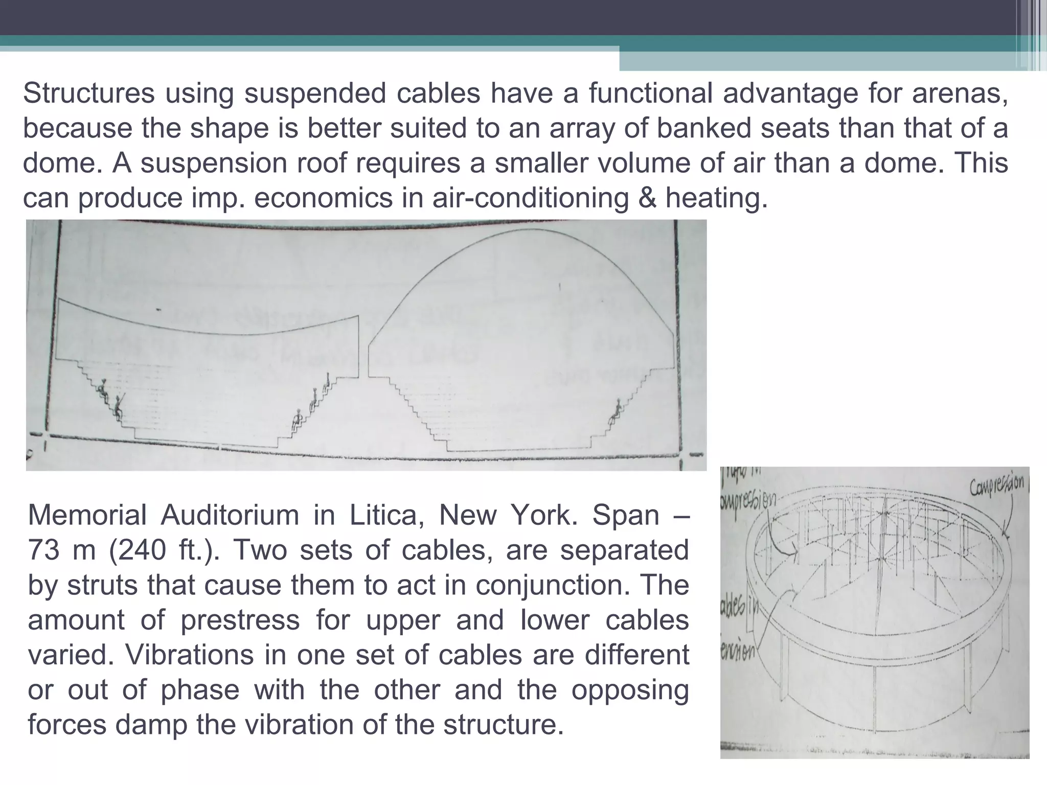 Structures using suspended cables have a functional advantage for arenas,
because the shape is better suited to an array of banked seats than that of a
dome. A suspension roof requires a smaller volume of air than a dome. This
can produce imp. economics in air-conditioning & heating.
Memorial Auditorium in Litica, New York. Span –
73 m (240 ft.). Two sets of cables, are separated
by struts that cause them to act in conjunction. The
amount of prestress for upper and lower cables
varied. Vibrations in one set of cables are different
or out of phase with the other and the opposing
forces damp the vibration of the structure.
 