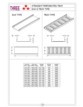 TRCH TYPE
W
L
2020
H
DUC & TRCH TYPE
STRAIGHT PERFORATED TRAY
20
DUC TYPE
Part No
DUC Type
Part No
TRCH Type
Height
(mm)
Width
(mm)
Length
(mm)
DUC 100 TRCH 100 50 / 100 100 3000
DUC 150 TRCH 150 50 / 100 150 3000
DUC 200 TRCH 200 50 / 100 200 3000
DUC 300 TRCH 300 50 / 100 300 3000
DUC 400 TRCH 400 50 / 100 400 3000
DUC 500 TRCH 500 50 / 100 500 3000
DUC 600 TRCH 600 50 / 100 600 3000
DUC 700 TRCH 700 50 / 100 700 3000
DUC 800 TRCH 800 50 / 100 800 3000
DUC 900 TRCH 900 50 / 100 900 3000
DUC 1000 TRCH 1000 50 / 100 1000 3000
20 20
H
W
L
 