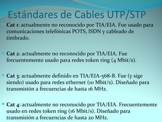 Estándares de Cables UTP/STP
 Cat 1: actualmente no reconocido por TIA/EIA. Fue usado para
  comunicaciones telefónicas POTS, ISDN y cableado de
  timbrado.

 Cat 2: actualmente no reconocido por TIA/EIA. Fue
  frecuentemente usado para redes token ring (4 Mbit/s).

 Cat 3: actualmente definido en TIA/EIA-568-B. Fue (y sige
  siendo) usado para redes ethernet (10 Mbit/s). Diseñado para
  transmisión a frecuencias de hasta 16 MHz.

 Cat 4: actualmente no reconocido por TIA/EIA. Frecuentemente
  usado en redes token ring (16 Mbit/s). Diseñado para
  transmisión a frecuencias de hasta 20 MHz.
 