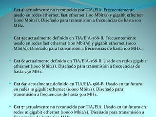  Cat 5: actualmente no reconocido por TIA/EIA. Frecuentemente
  usado en redes ethernet, fast ethernet (100 Mbit/s) y gigabit ethernet
  (1000 Mbit/s). Diseñado para transmisión a frecuencias de hasta 100
  MHz.

 Cat 5e: actualmente definido en TIA/EIA-568-B. Frecuentemente
  usado en redes fast ethernet (100 Mbit/s) y gigabit ethernet (1000
  Mbit/s). Diseñado para transmisión a frecuencias de hasta 100 MHz.

 Cat 6: actualmente definido en TIA/EIA-568-B. Usado en redes gigabit
  ethernet (1000 Mbit/s). Diseñado para transmisión a frecuencias de
  hasta 250 MHz.

 Cat 6a: actualmente definido en TIA/EIA-568-B. Usado en un futuro
  en redes 10 gigabit ethernet (10000 Mbit/s). Diseñado para
  transmisión a frecuencias de hasta 500 MHz.

 Cat 7: actualmente no reconocido por TIA/EIA. Usado en un futuro en
  redes 10 gigabit ethernet (10000 Mbit/s). Diseñado para transmisión a
 