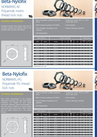 31
NORMANYL-PGPolyamidePGthreadlocknutsNORMANYL-MPolyamidemetricthreadlocknuts
Colour reference Diameter information Weight/Packing
GREY BLACK
packing
u
weight
g
thread
261231 261247 M12x1.5 18
LR
17 5 0.8 100
261631 261647 M16x1.5 24 22 5 1.4 100
262031 262047 M20x1.5 28 26 6 2.0 100
262531 262547 M25x1.5 35 32 6 3.0 100
263231 263247 M32x1.5 47 42 7 6.2 100
264031 264047 M40x1.5 57 52 7 9.0 50
265031 265047 M50x1.5 68 62 9 14.4 50
266331 266347 M63x1.5 85 78 9 22.0 50
• Made of specially modified polyamide
(PA 6)
• Metric thread according to EN 60423
• Free of halogen, phosphorus and
cadmium
• Self extinguishing
• Temperature range: -40°C to +105°C
(150°C short term)
• Shock-resistant
• Colours: dark grey and black
LR
D
rosca
TECHNICAL INFORMATION
With similar characteristics to the standard
polyamide connectors, the male metal thread
connectors are notable for their higher
mechanical resistance, being recommended in
the most severe conditons. An internal plastic
wall on the metal insert avoids a direct contact
with the cables. Special use in the traction
industry.
Beta-Nylofix
NORMANYL-PG
Polyamide PG thread
lock nuts
All dimensions are in mm
• Made of specially modified polyamide
(PA 6)
• Metric thread according to EN 60423
• Free of halogen, phosphorus and
cadmium
• Self extinguishing
• Temperature range: -40°C to +105°C
(150°C short term)
• Shock-resistant
• Colours: dark grey and black
LR
thread
D
TECHNICAL INFORMATION
Hexagonal female metric thread lock nuts for
securing connectors and elbows in thin or non
threaded walls of boxes and cabinets.
Beta-Nylofix
NORMANYL-M
Polyamide metric
thread lock nuts
Colour reference Diameter information Weight/Packing
GREY BLACK
packing
u
weight
g
thread
260772 260760 Pg 7 16
LR
15 4.5 1.0 100
260972 260960 Pg 9 21 19 4.5 0.8 100
261172 261160 Pg 11 24 22 5 1.0 100
261372 261360 Pg 13.5 26 24 5.5 1.4 100
261672 261660 Pg 16 30 27 6 1.8 100
262172 262160 Pg 21 35 32 6.5 2.2 100
262972 262960 Pg 29 45 41 7.5 6.2 50
263672 263660 Pg 36 59 54 9 8.8 20
264872 264860 Pg 48 74 67 9.5 11.0 10
D
D
 