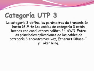 Categoría UTP 3La categoría 3 define los parámetros de transmisión hasta 16 MHz Los cables de categoría 3 están hechos con conductores calibre 24 AWG. Entre las principales aplicaciones de los cables de categoría 3 encontramos: voz, Ethernet10Base-T y Token Ring.