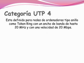Categoría UTP 4Esta definido para redes de ordenadores tipo anillo como Token Ring con un ancho de banda de hasta 20 MHz y con una velocidad de 20 Mbps.
