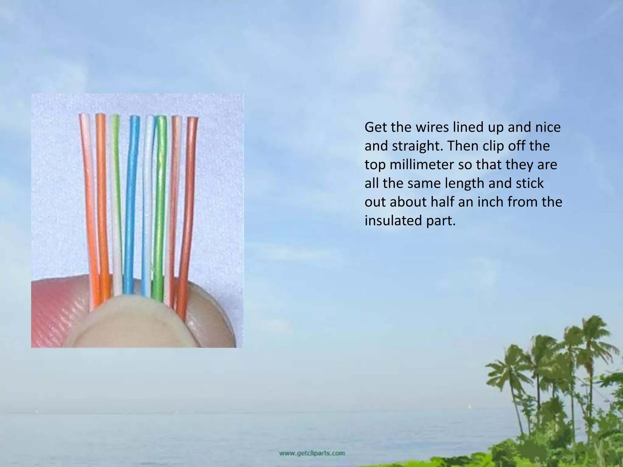 Get the wires lined up and nice
and straight. Then clip off the
top millimeter so that they are
all the same length and stick
out about half an inch from the
insulated part.
 