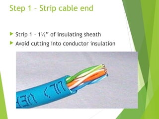 Step 1 – Strip cable end


   Strip 1 – 1½” of insulating sheath
   Avoid cutting into conductor insulation
 
